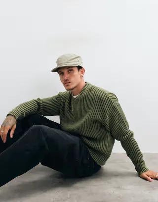 ASOS DESIGN relaxed knit high vee neck sweater in khaki plated rib