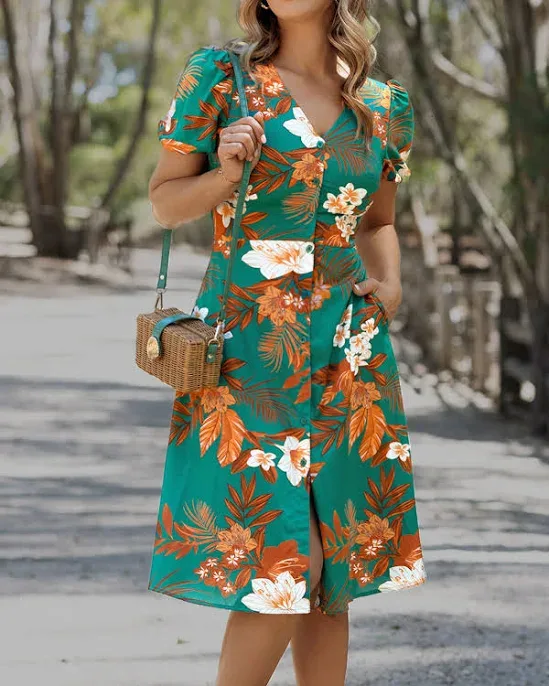 SHEIN Women's Tropical Plant V-Neck Short Puff Sleeve Dress with Pockets