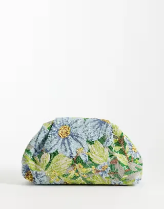 True Decadence embellished floral pillow clutch purse in green and blue