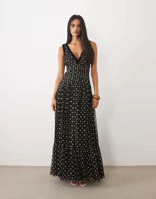 Lace & Beads tulle velvet trim sleeveless plunge neck tiered maxi dress in black polka dot