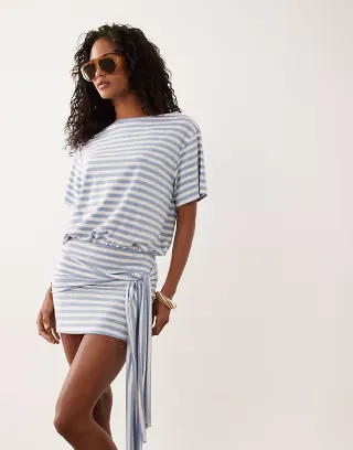 ASOS DESIGN T-shirt mini dress with tie detail in light blue and white stripes