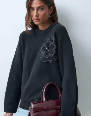 ASOS DESIGN long sleeve sweater with flower embroidery detail in black