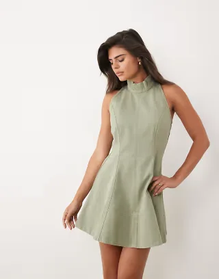 ASOS DESIGN heavy twill funnel neck seamed mini dress in washed olive