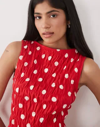 ASOS DESIGN shirred slash neck top in red and cream polka dots