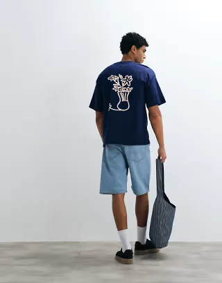 Selected relaxed fit T-shirt with pink abstract vase backprint in navy