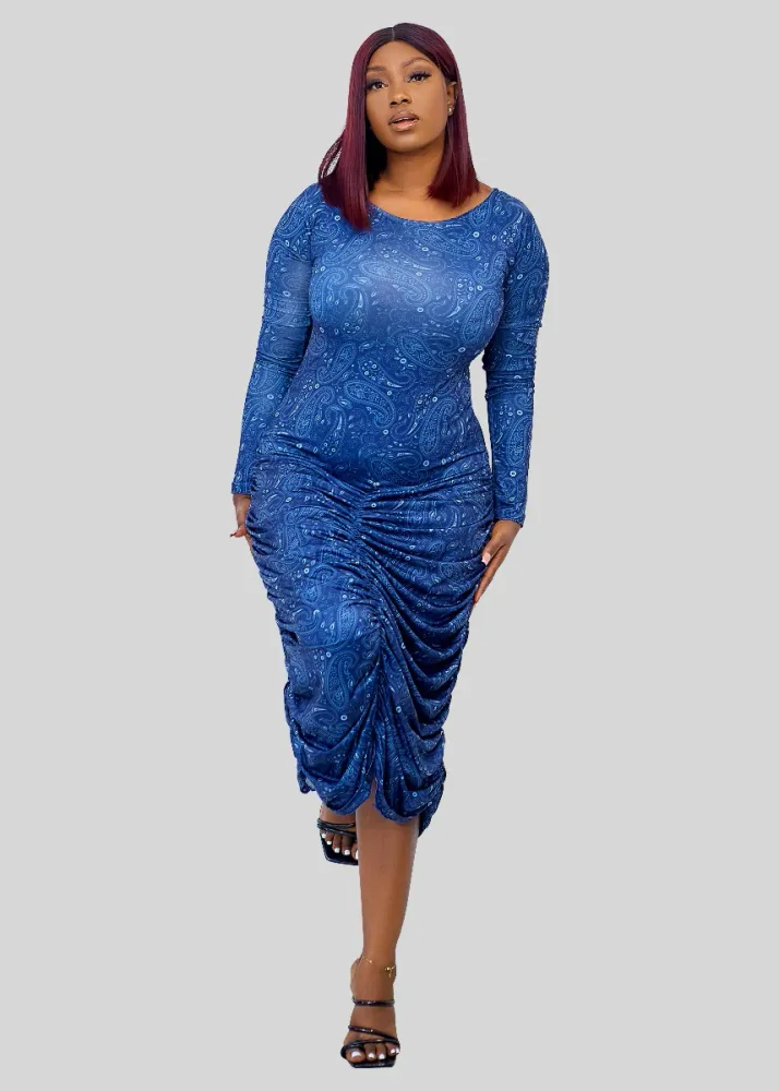 PAISLEY PRINT RUCHED DOWN DRESS