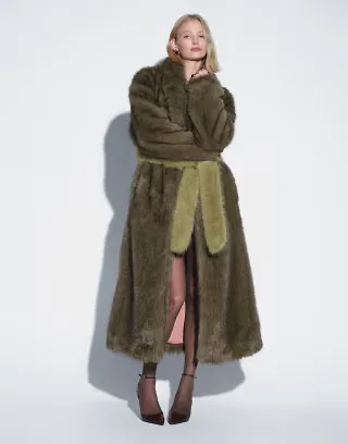 Muse Assembly longline faux fur jacket with detachable mittens and tie waist in olive