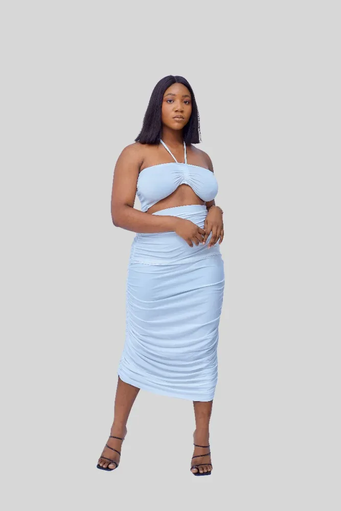 TUBE DRAWSTRING TOP AND SIDE RUCHED SKIRT