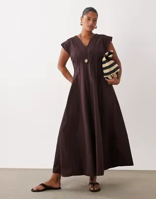 ASOS DESIGN Curve v neck midi dress with sculpting panels in chocolate