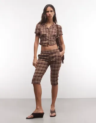 Liquor N Poker capri pant set in burgundy check