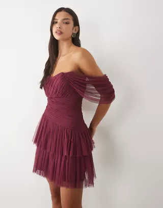 Lace & Beads tulle fallen shoulder shirred waist tiered skirt mini dress in dark plum