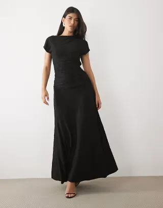 ASOS DESIGN devore lace ruched detail short sleeve maxi dress in black