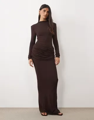 Wanderdoll Ashtin sculpted shoulder pad detail high neck long sleeve bodysuit and skirt in espresso