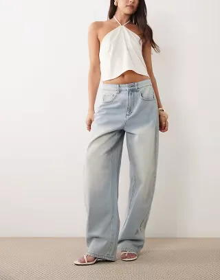 Missy Empire cotton barrel leg jeans in light blue wash