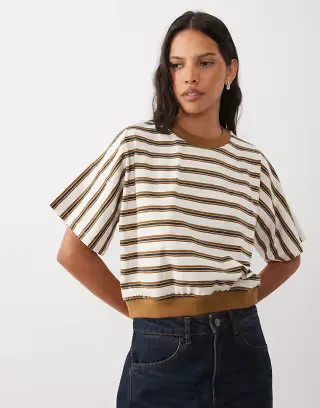 ASOS DESIGN batwing sleeve striped t-shirt in brown and lemon