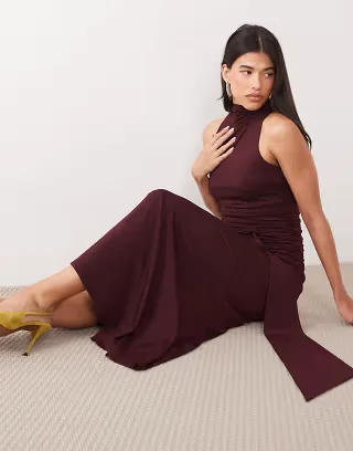 Pretty Lavish slinky high neck tie front sleeveless maxi dress in deep burgundy