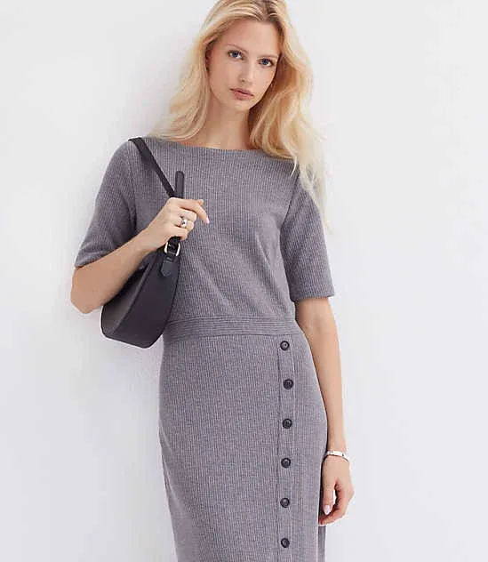 Loft Women's Ribbed Button Trim Midi Dress