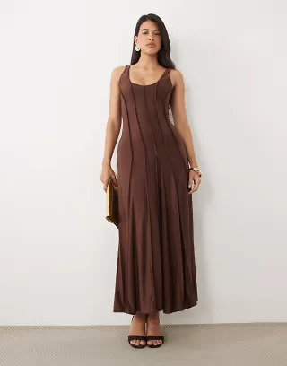 ASOS DESIGN slinky scoop neck maxi dress with exposed seams in brown