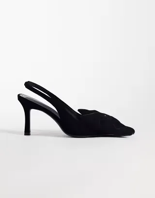 ASOS DESIGN Shine slingback bow detail mid heeled shoes in black velvet
