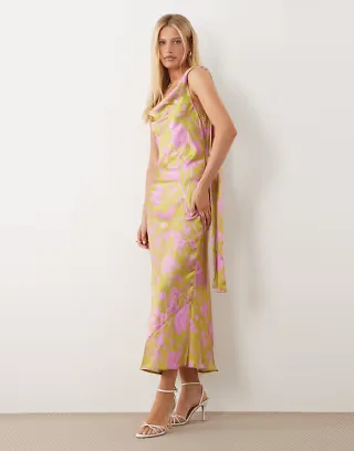 Hope & Ivy satin cowl neck scarf midi dress in green and pink floral