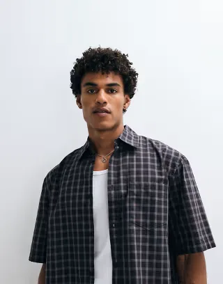 Weekday oversized short sleeve shirt in brown plaid
