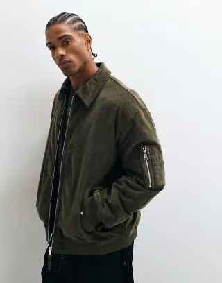 ASOS DESIGN oversized cord bomber jacket in khaki