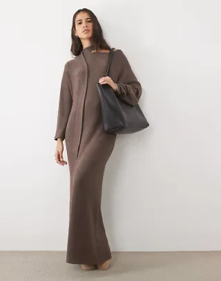 ASOS DESIGN off shoulder with scarf detail maxi dress in chocolate