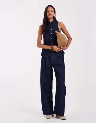 ASOS DESIGN wrap collar sleeveless top and jeans set in rinse