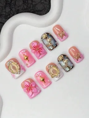 Multicolor Handmade Square Press On Nails Acrylic Designs French Tip Y2K Baddie Nude Pink Silver Edge Carved Flower Rose