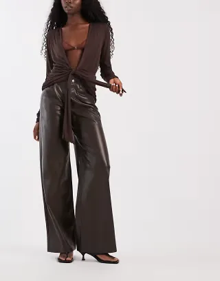 Only faux leather wide leg pants in brown