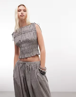 Daisy Street ruffle shirred top in brown plaid - part of a set