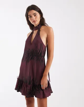 ASOS DESIGN halter neck mini dress with scarf in blurred zebra print
