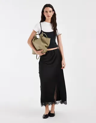 ONLY lace trim split maxi skirt in black