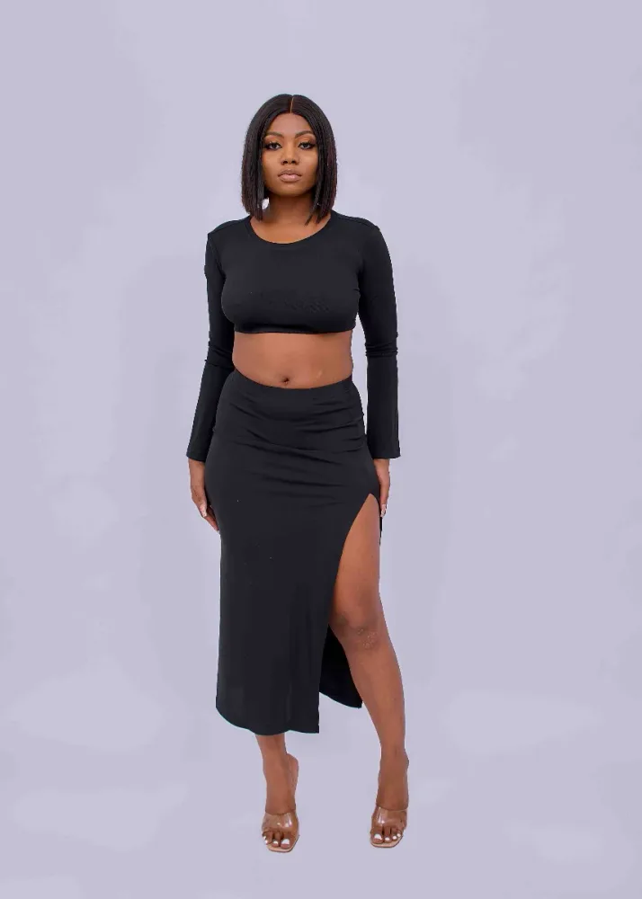 LONGSLEEVE CROP TOP AND SLIT MAXI SKIRT