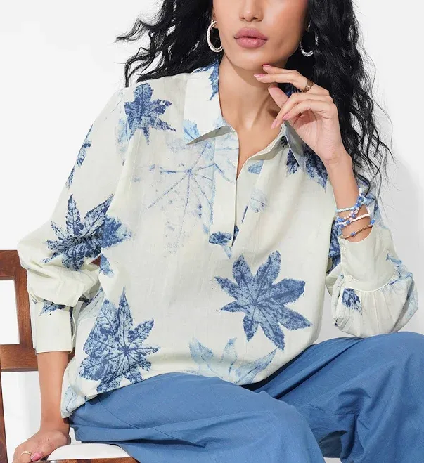 Akkriti Blue Johnny Collar Botanical Print Relaxed Shirt