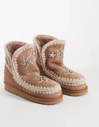Mou 18 shearling lined star embellished suede boots in brown