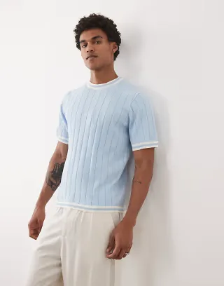 ASOS DESIGN knit ribbed T-shirt with white tipping in blue