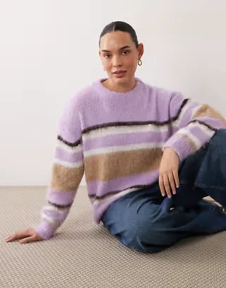 ASOS DESIGN Curve crew neck boxy sweater in brushed stripe in lilac