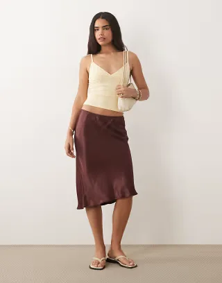 ASOS DESIGN 90s slip skirt in chocolate brown satin