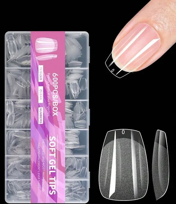 600Pcs Clear Full Cover Press On Nail Tips Acrylic Designs French Tip Stiletto Almond Square Coffin False Fake Soak Off