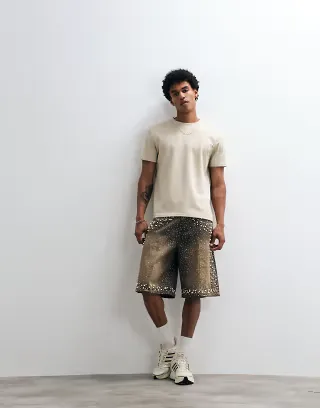 Courtside rhinestone faux pearl embellished jorts in dirty wash blue