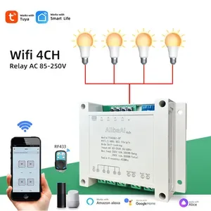 TY4CHA1 4-Channel Tuya WiFi Light Switch, DIN Rail Mount, ABS Housing, AC 85-250V, Remote Control Compatible with Alexa,
