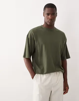 ASOS DESIGN oversized t-shirt in dark green with linen