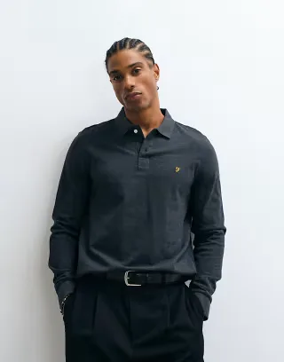 Farah Cunningham long sleeve logo polo in washed black heather
