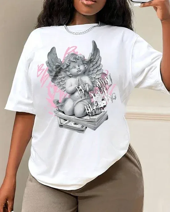 SHEIN Women's Oversized Loose Fit Round Neck Short Sleeve Angel Graphic T-Shirt