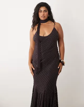 ASOS DESIGN Curve bias plunge cami dress with full godets and scarf detail in chocolate