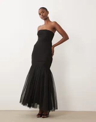 Lace & Beads tulle square neck fishtail maxi dress in black