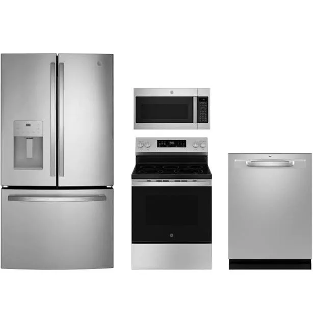 GE Appliances 4-Piece Kitchen Package with 25.7 Cu. Ft. French Door Refrigerator and 30" Freestanding Electric Range in 