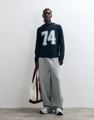 ASOS DESIGN long sleeve relaxed T-shirt with 72 graphic in navy