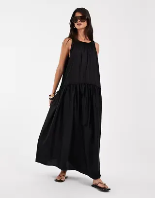 & Other Stories pure cotton trapeze maxi dress with dropped waist in black